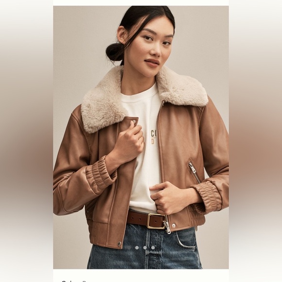 NWT new small Anthropologie avec les filles faux leather fur aviator jacket tan - Picture 1 of 15